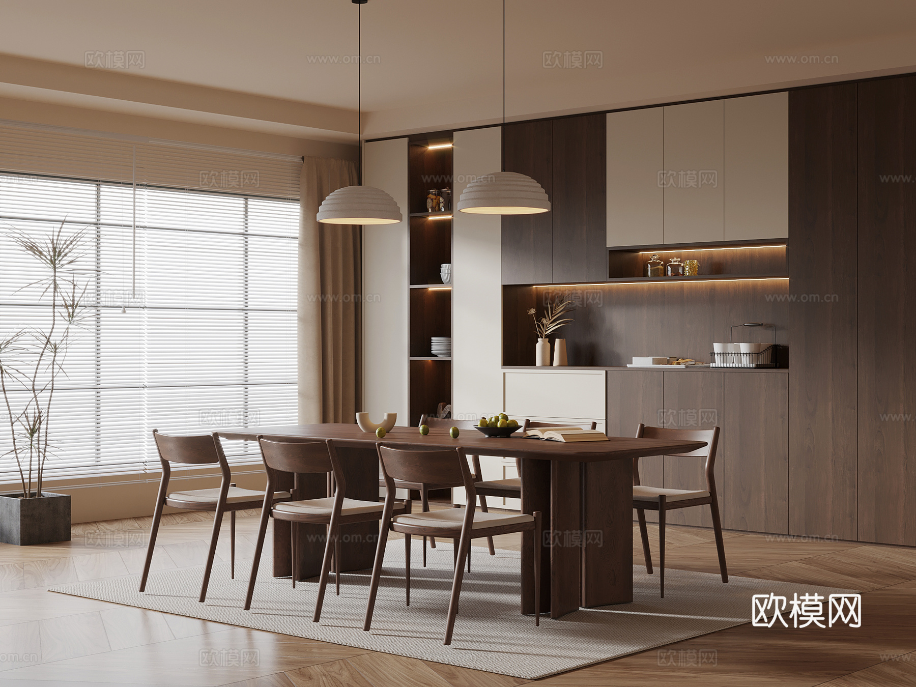 中古风餐厅 酒柜 餐边柜 餐桌椅su模型