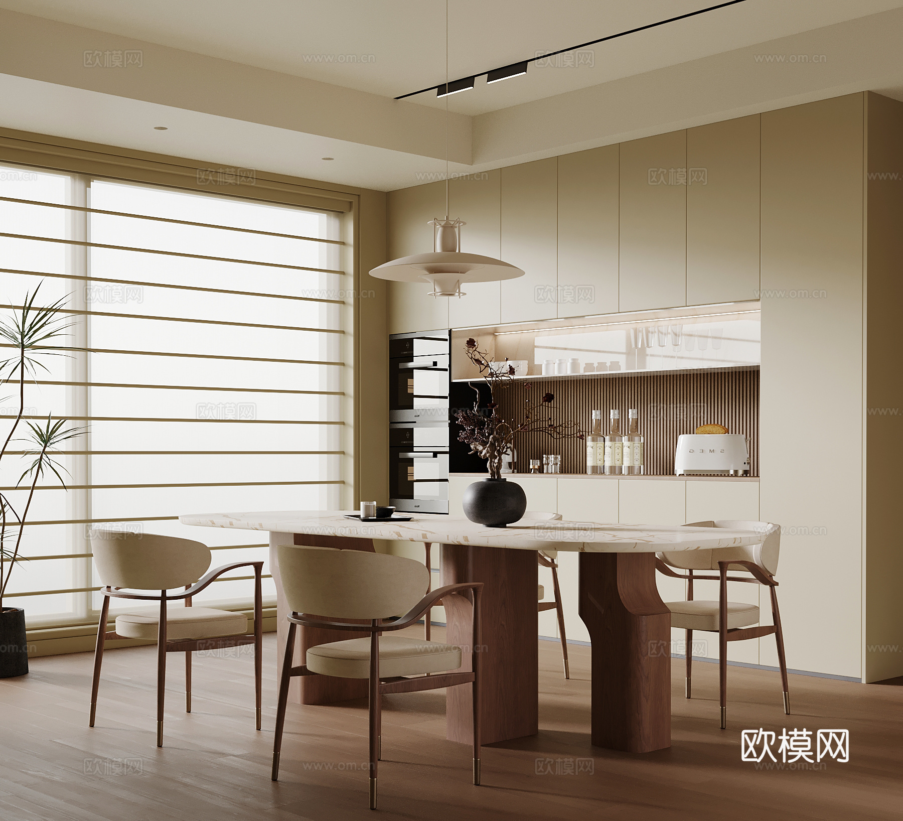 现代中古风餐厅 餐桌椅 餐边柜su模型