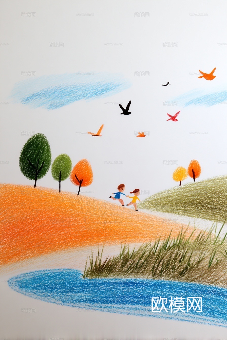 儿童房挂画手工蜡笔画手工铅笔画彩色铅笔画