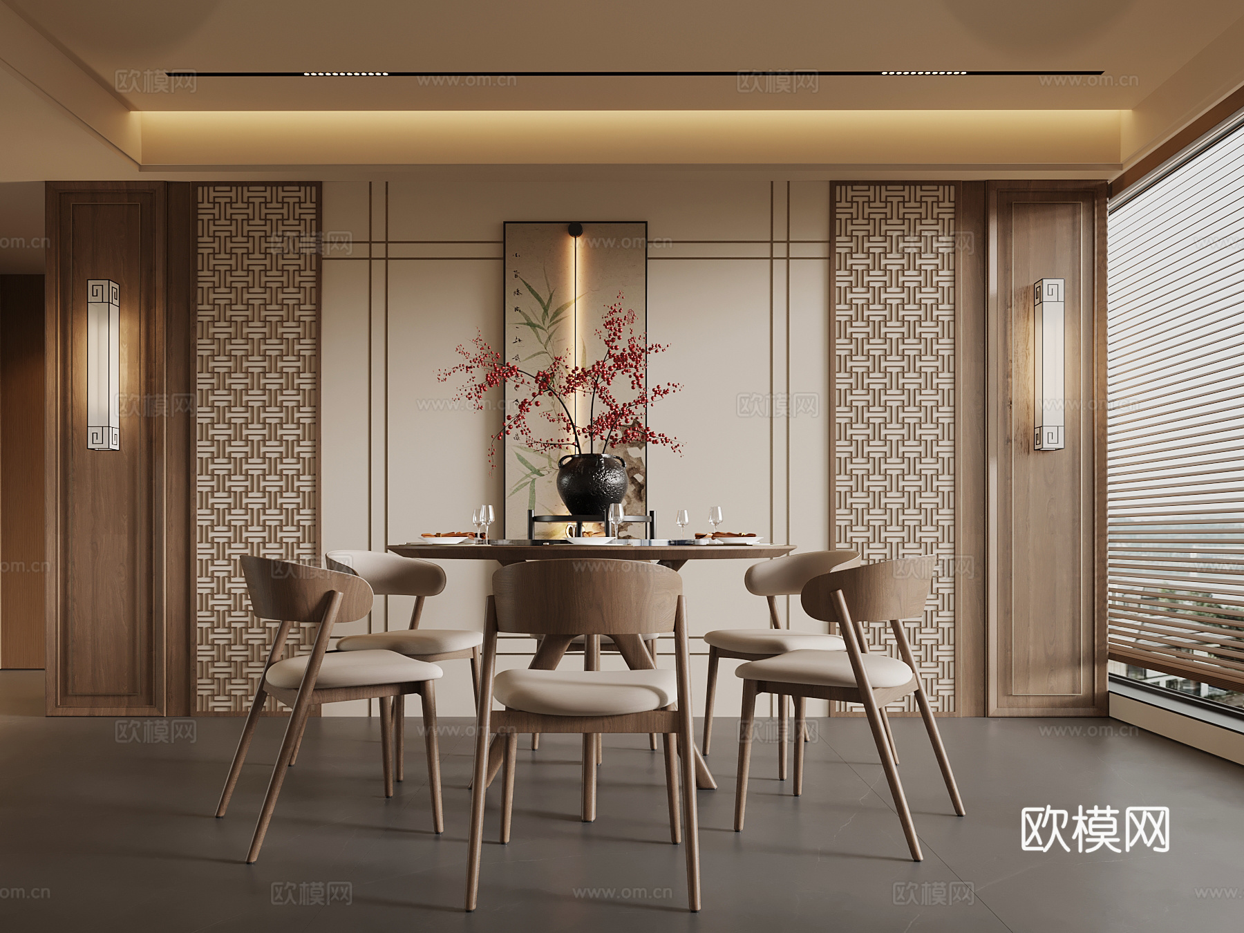 新中式餐厅 背景墙 实木圆桌su模型