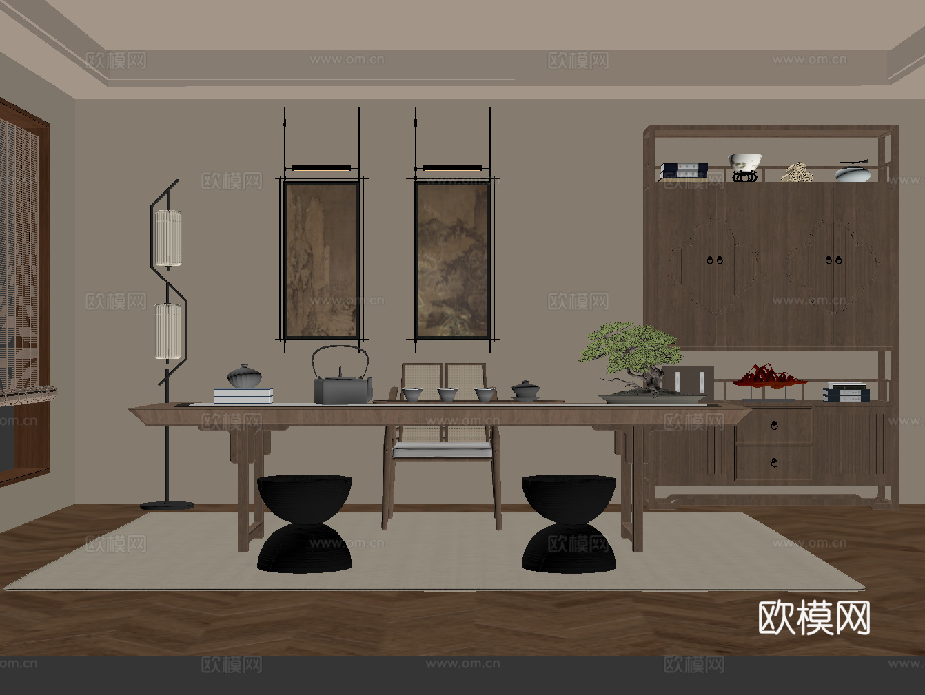 新中式茶室 茶桌椅 博古架su模型