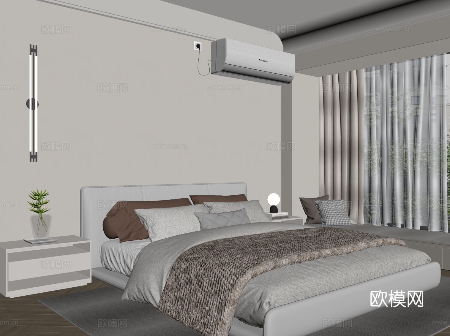 现代卧室 双人床su模型