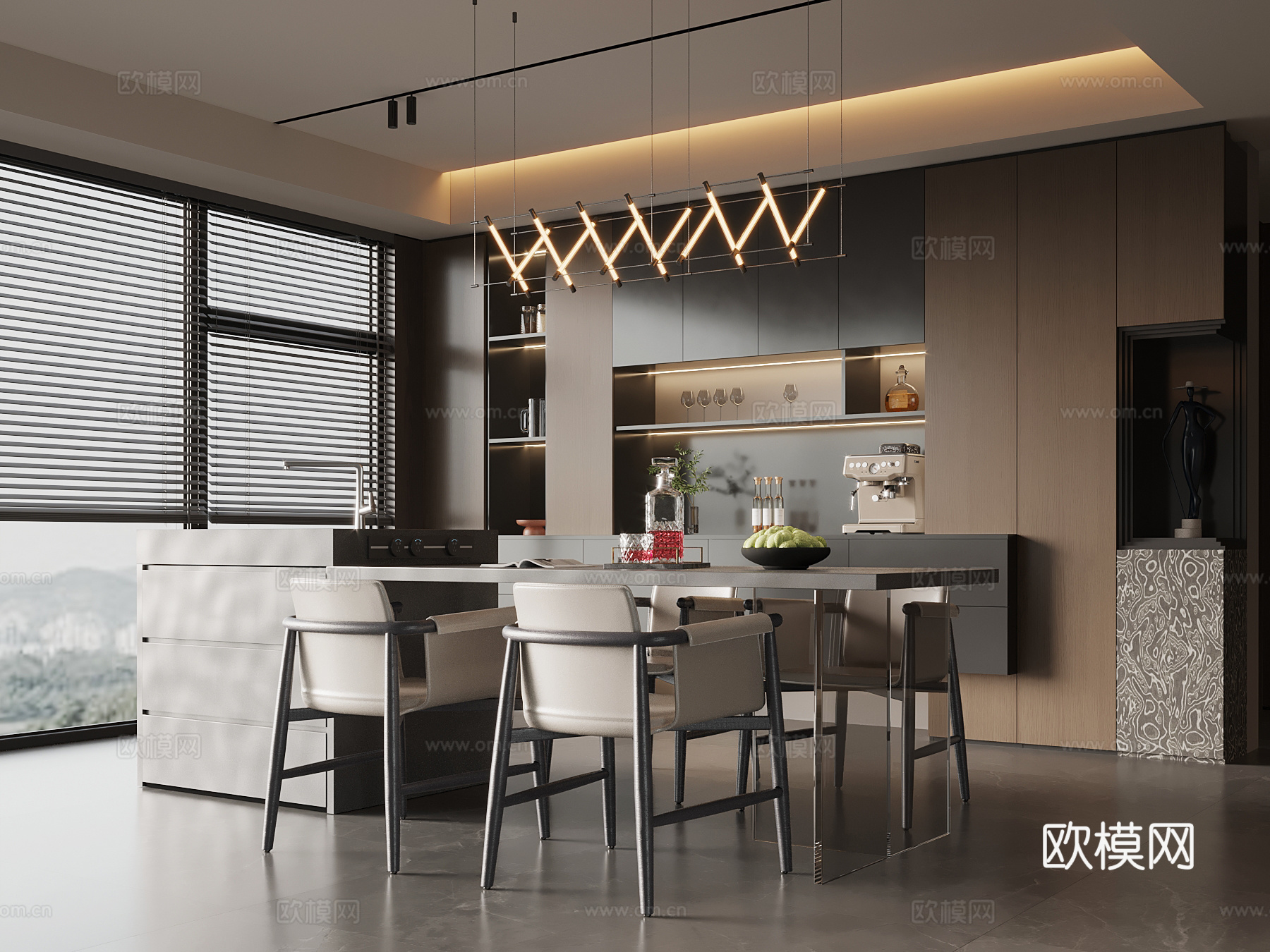 现代意式餐厅 酒柜 餐边柜 餐桌椅su模型