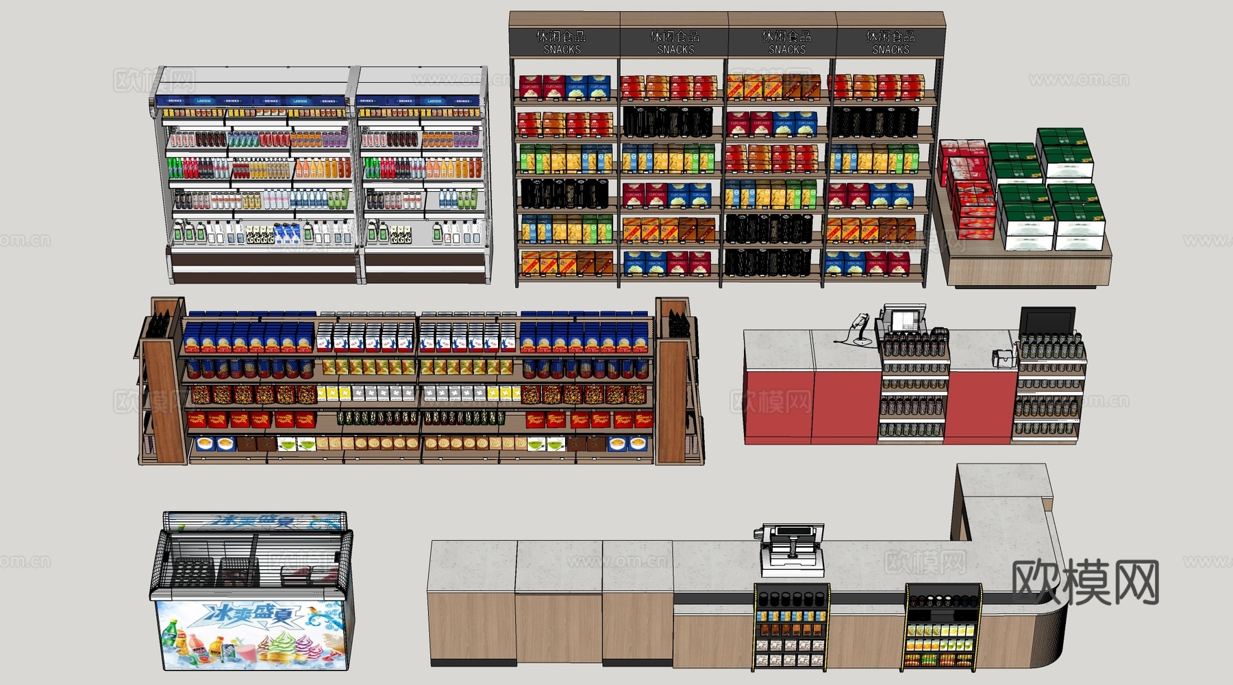 现代超市货架 零食店货架 置物架 文创展架su模型