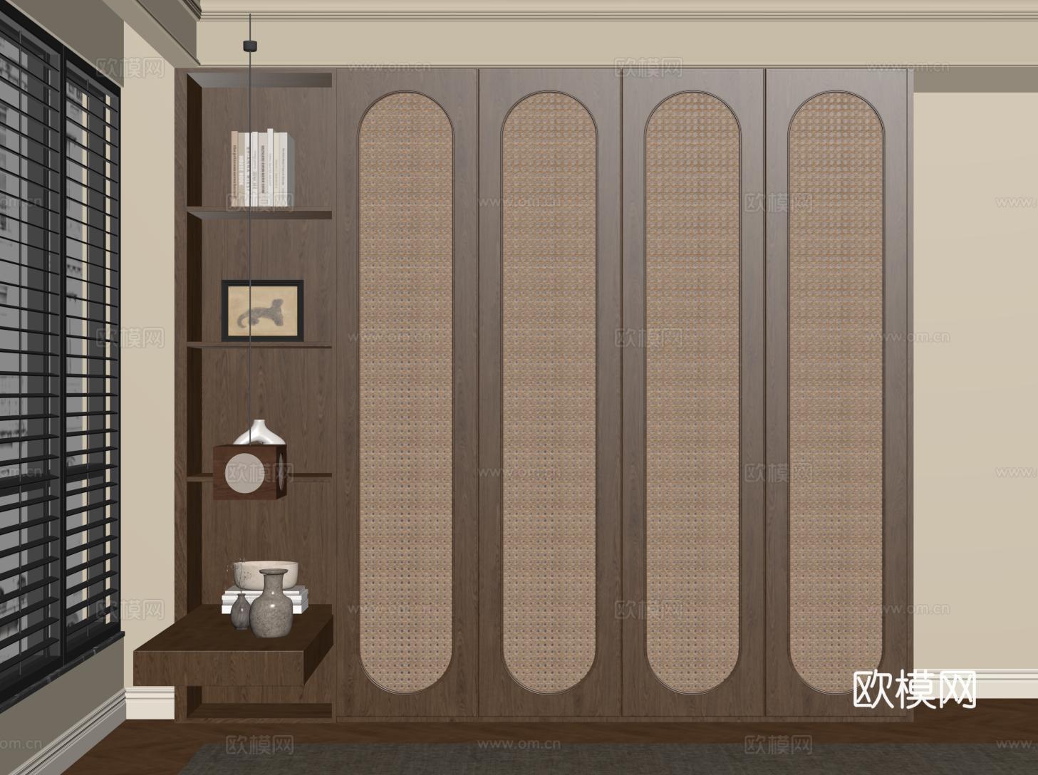 中古风衣柜 藤编门衣柜 衣柜床头柜一体su模型