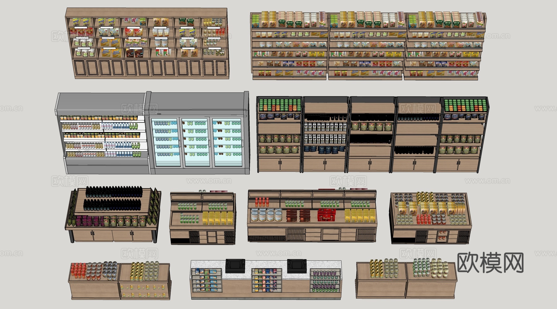 现代超市货架 零食店货架 置物架 文创展架su模型