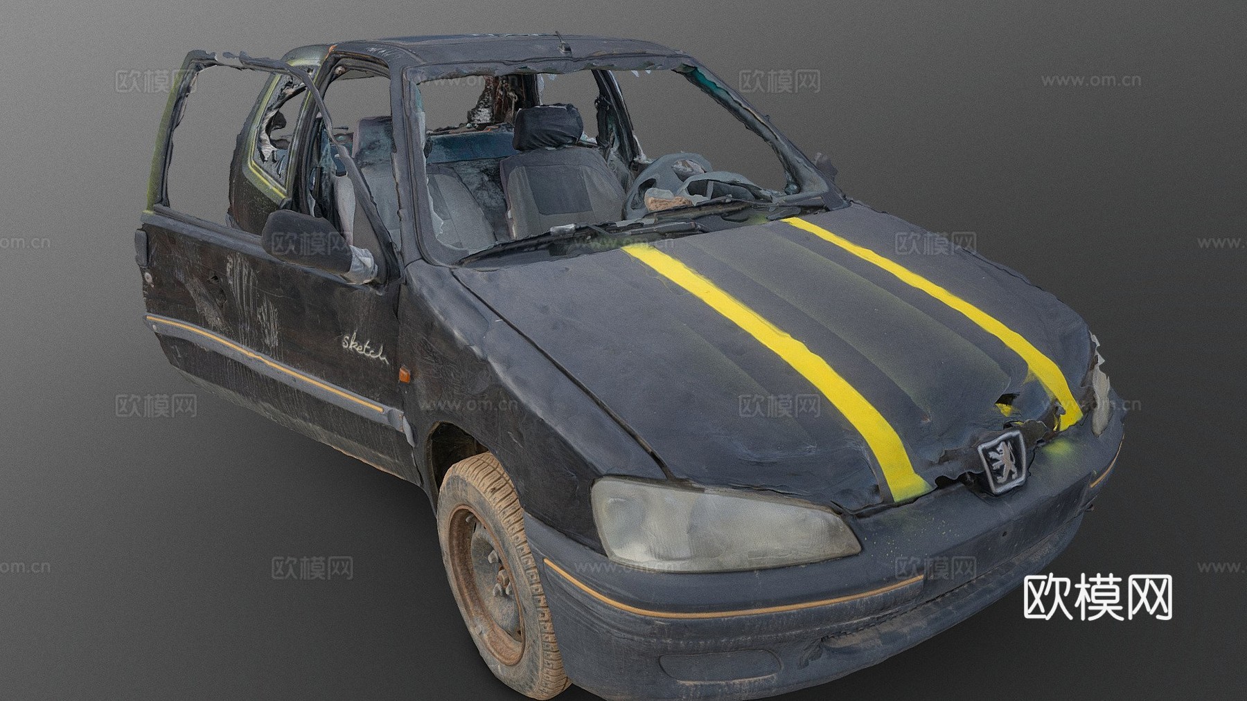 黑色汽车残骸3d模型下载（渲染图1）
