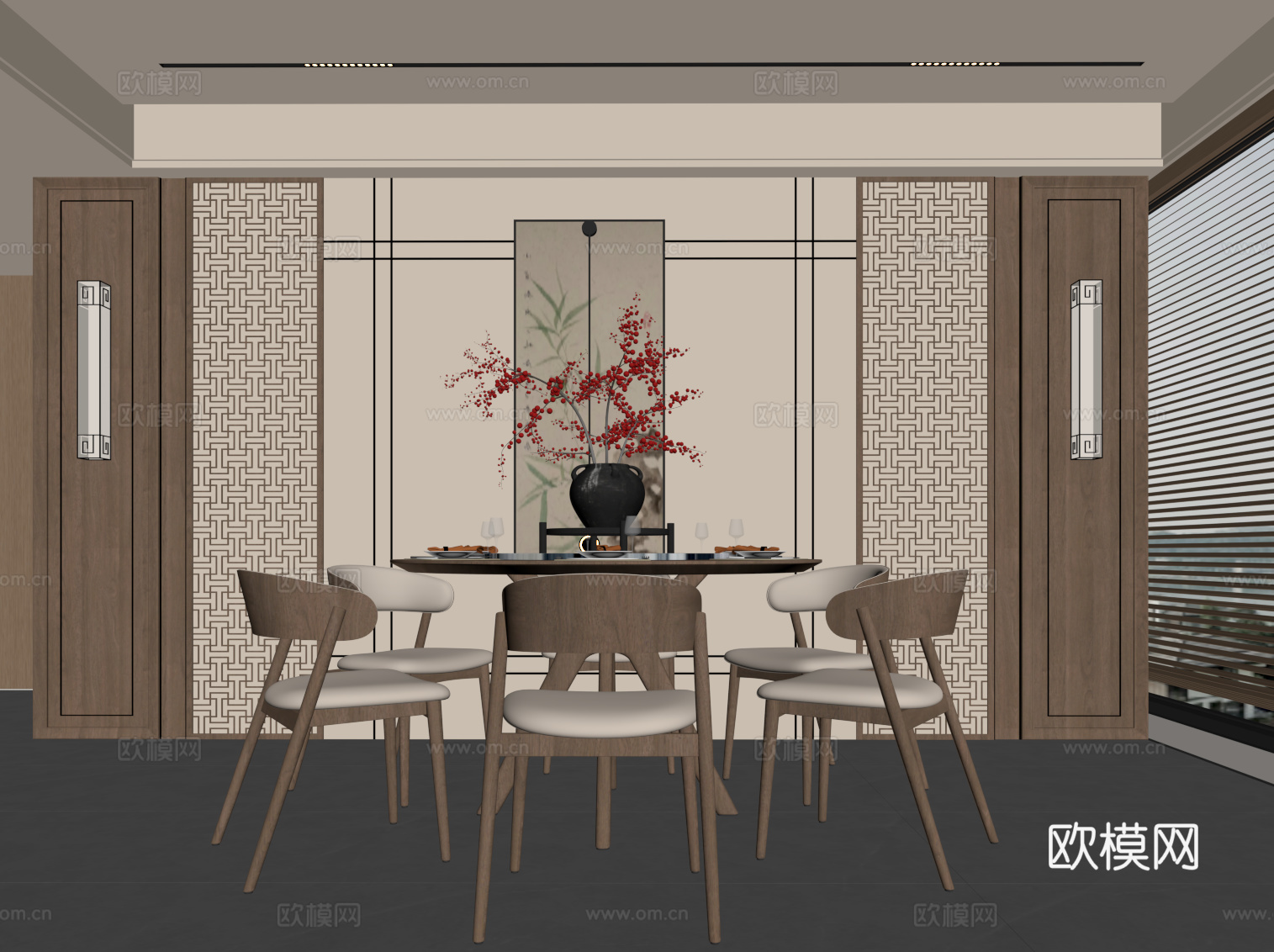 新中式餐厅 背景墙 实木圆桌su模型