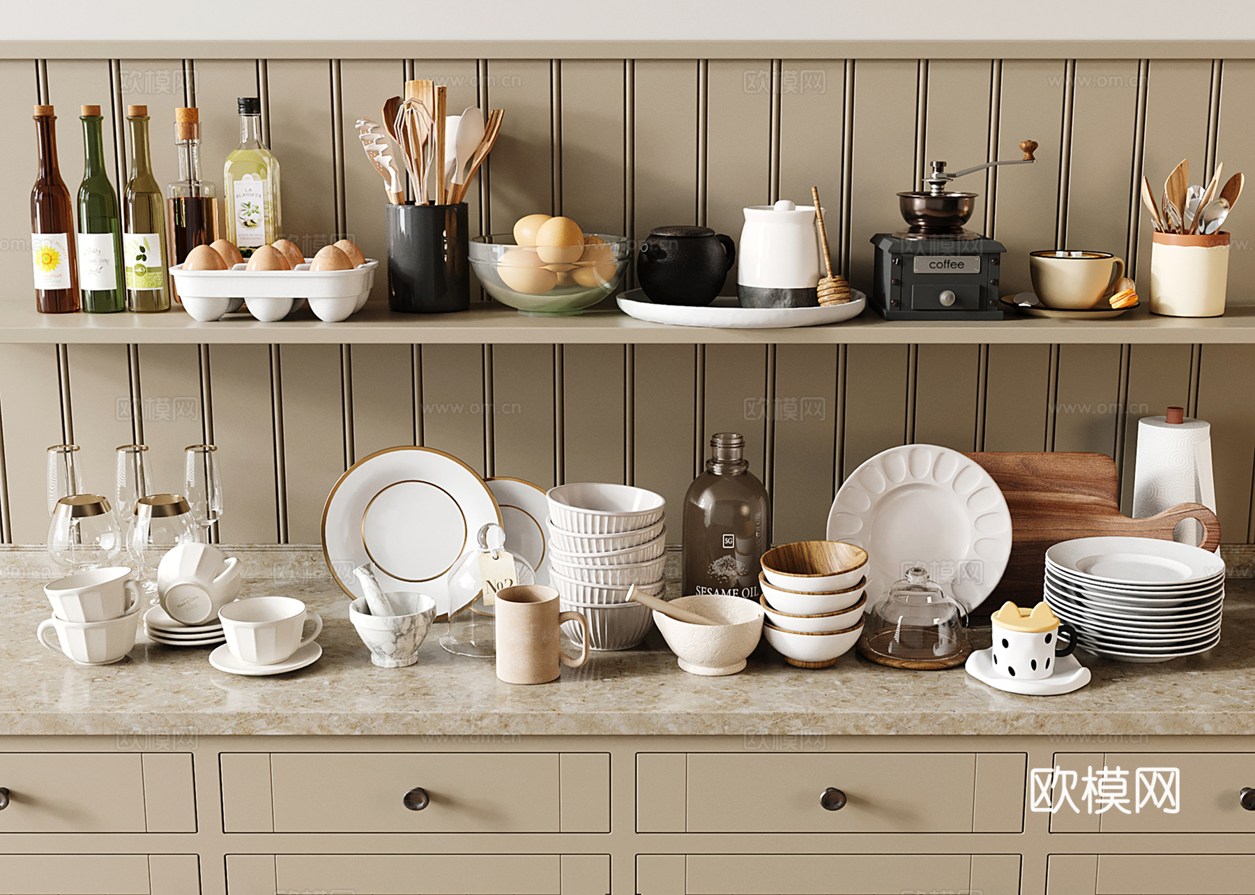 现代厨房用品 餐具 水杯 盘子 食物su模型