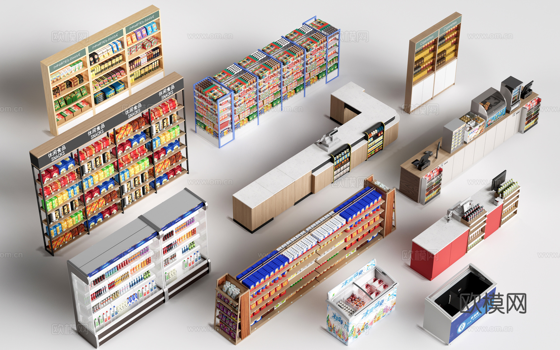 现代超市货架 零食店货架 置物架 文创展架su模型