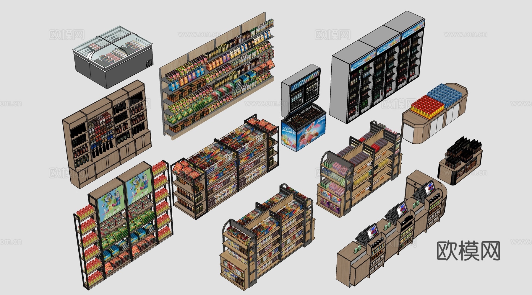 现代超市货架 零食店货架 置物架 文创展架su模型