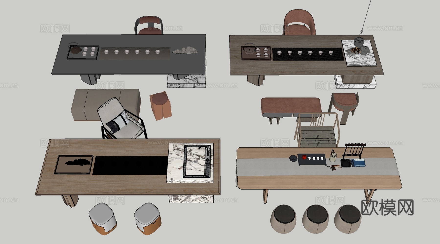 新中式茶桌椅 茶台 茶室桌椅su模型
