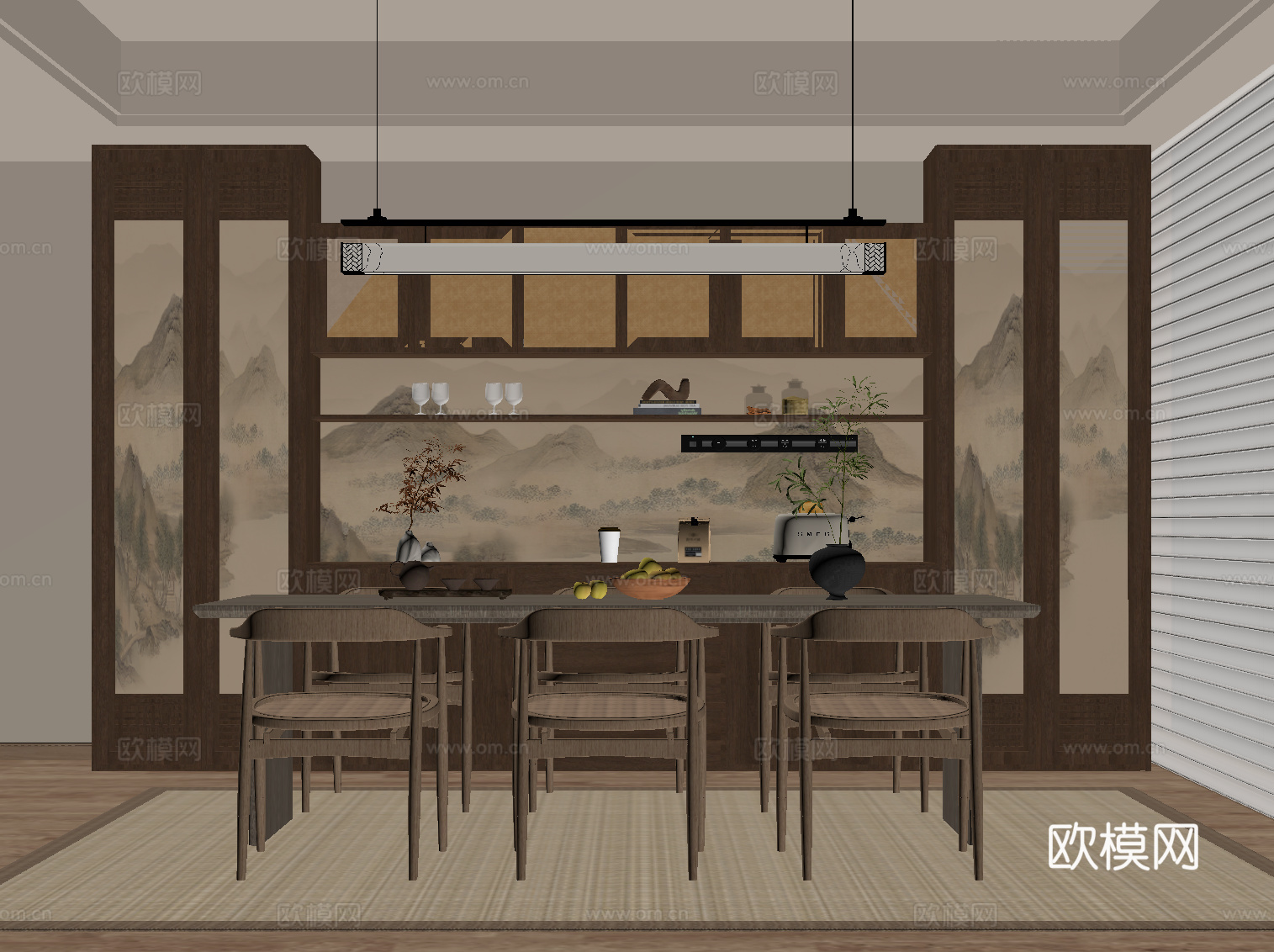 新中式餐厅 酒柜 餐边柜 餐桌椅su模型