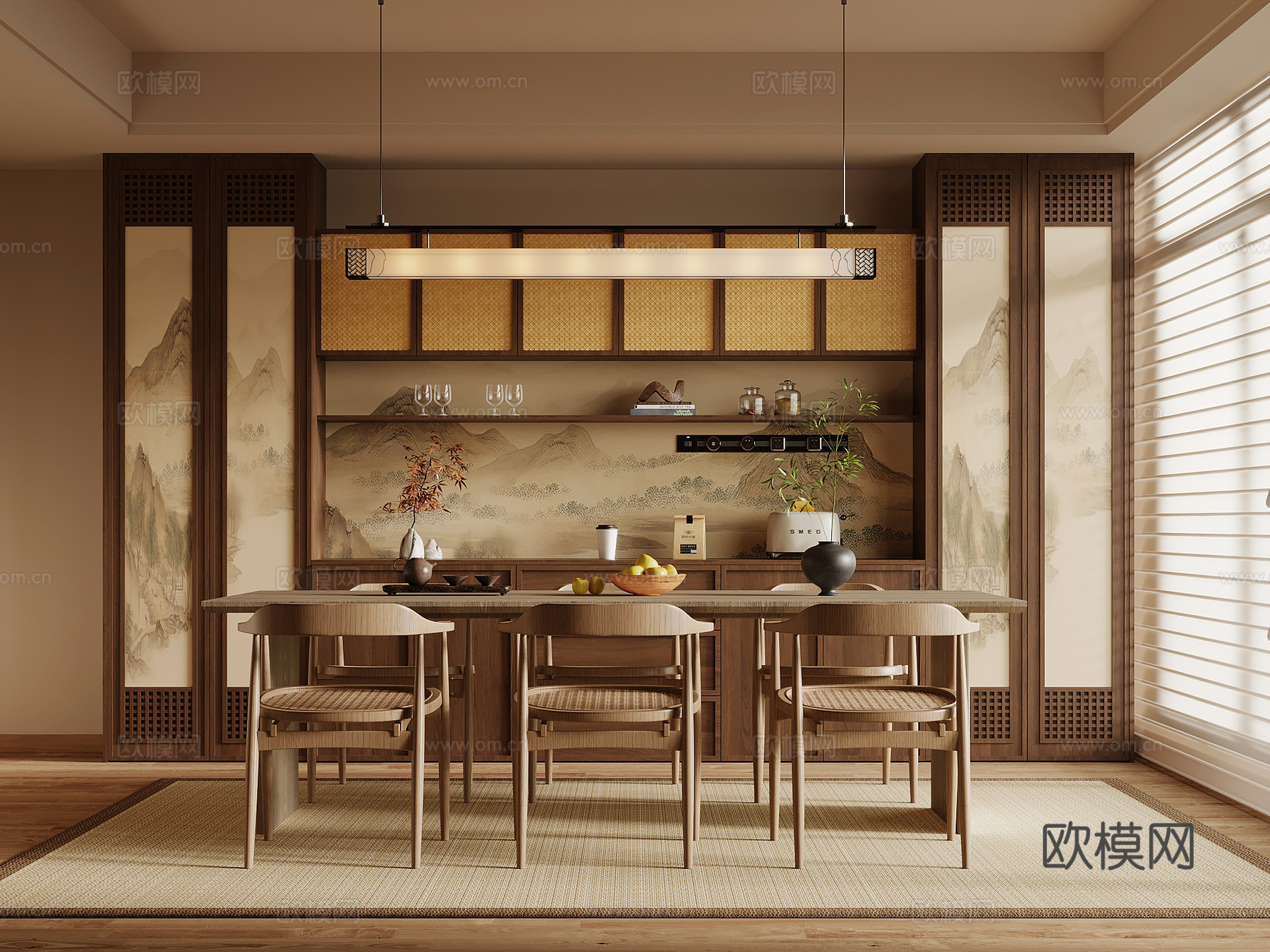 新中式餐厅 酒柜 餐边柜 餐桌椅su模型