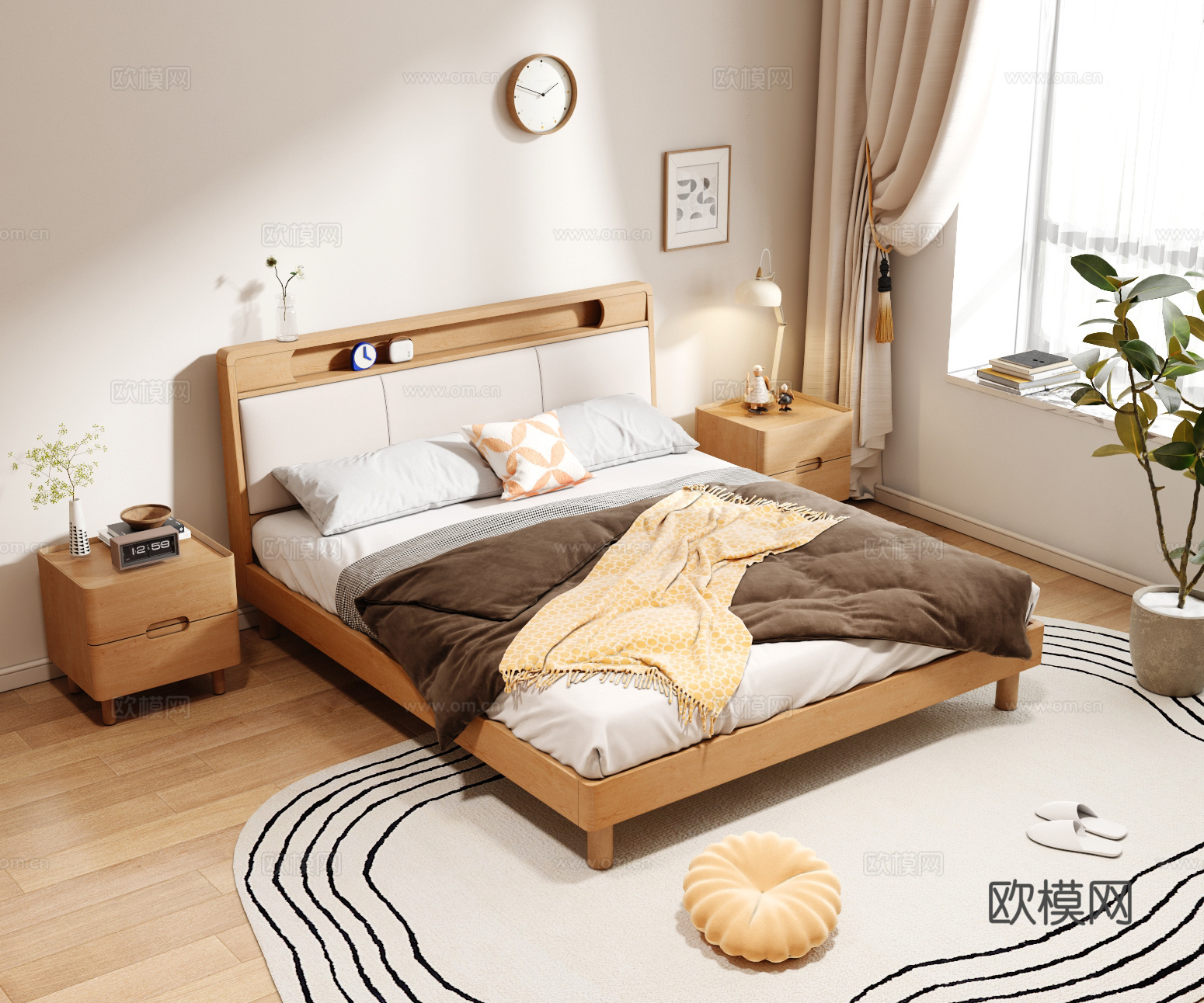 原木双人床 实木双人床 实木床头柜3d模型下载（渲染图1）