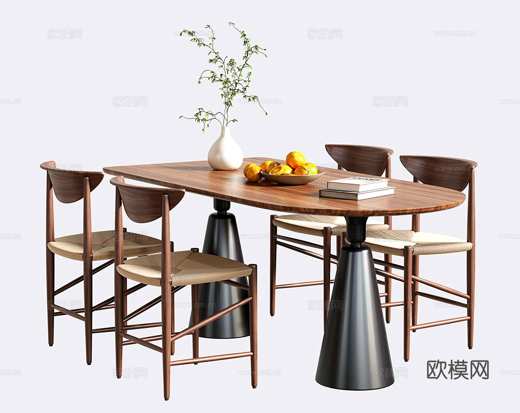 中古餐桌椅 圆弧长餐桌 餐椅su模型