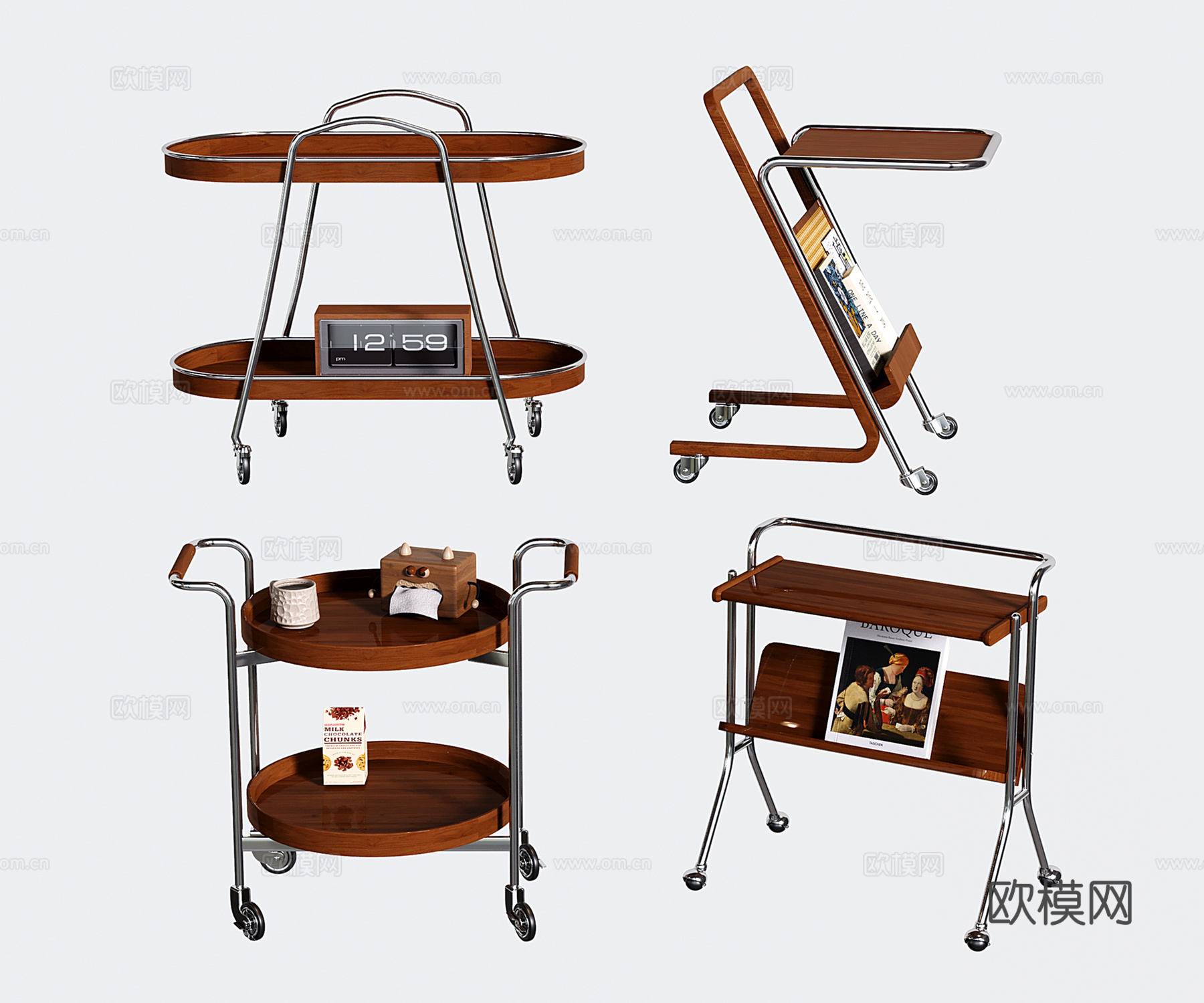 复古小推车边几 中古移动边几 不锈钢边几 置物收纳架su模型