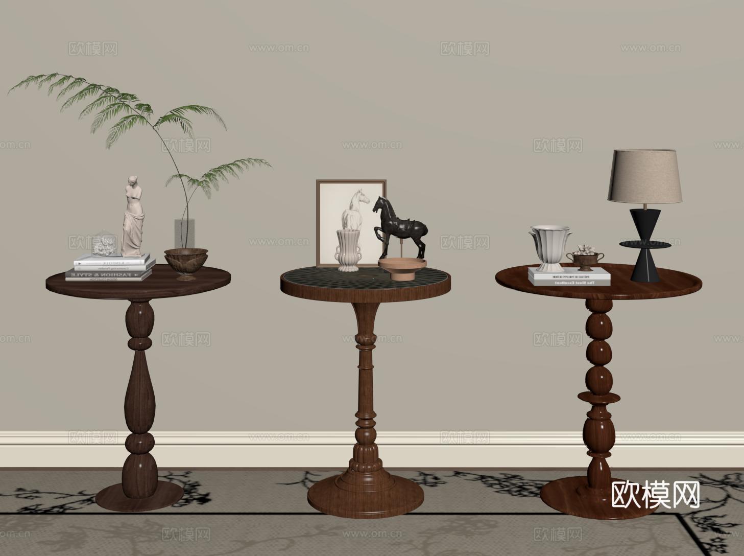 法式实木边几 复古圆几 角几 小茶几 沙发边几su模型