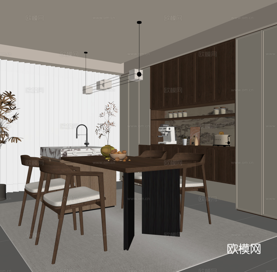 新中式餐厅 餐边柜 餐桌椅 吊灯su模型