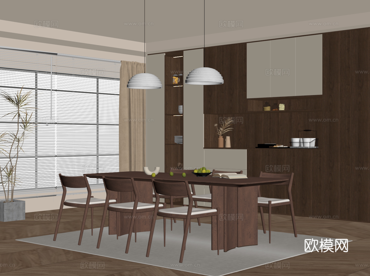 中古风餐厅 酒柜 餐边柜 餐桌椅su模型