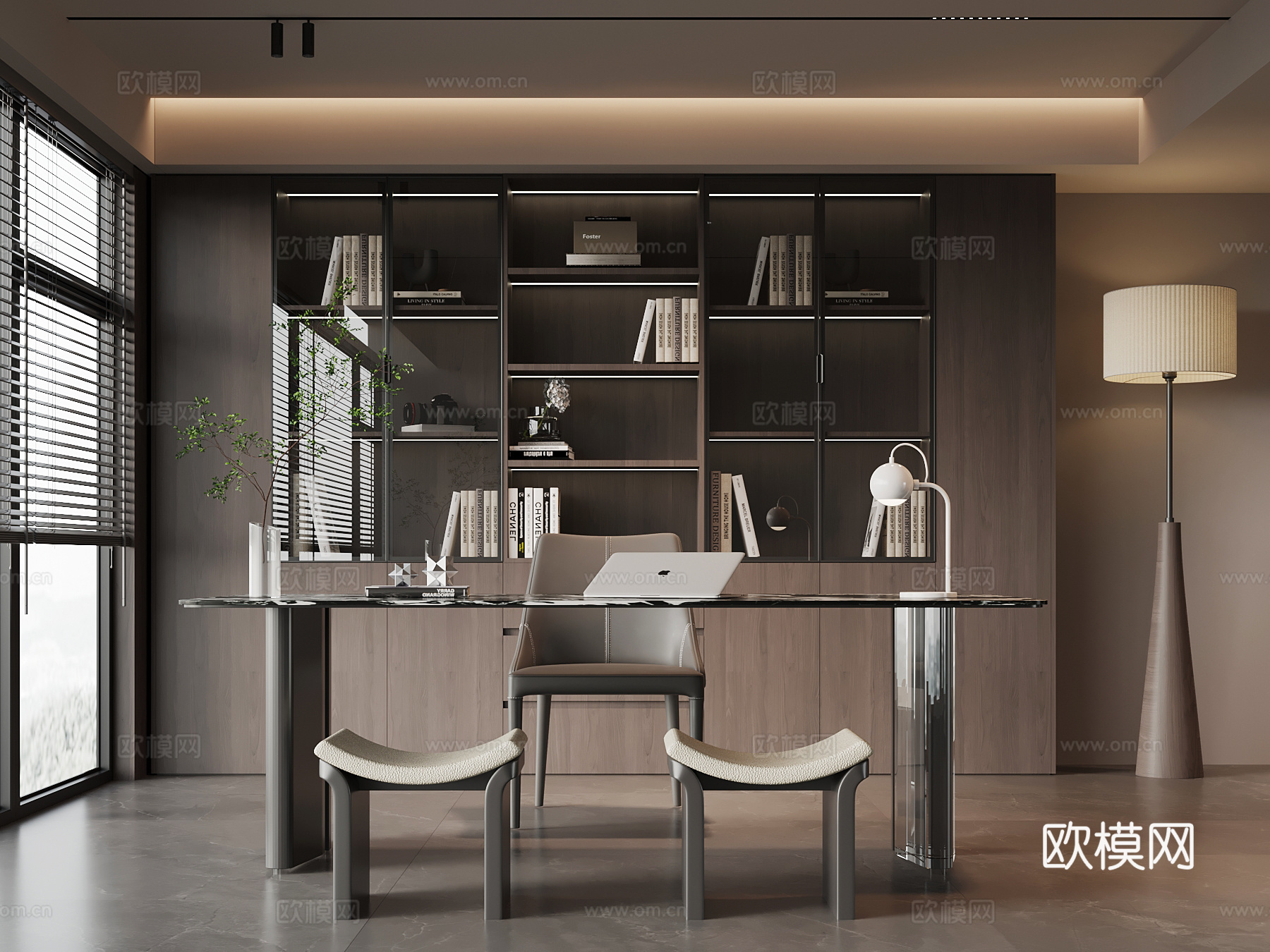 意式书房 开放式书房 书桌椅 书柜su模型