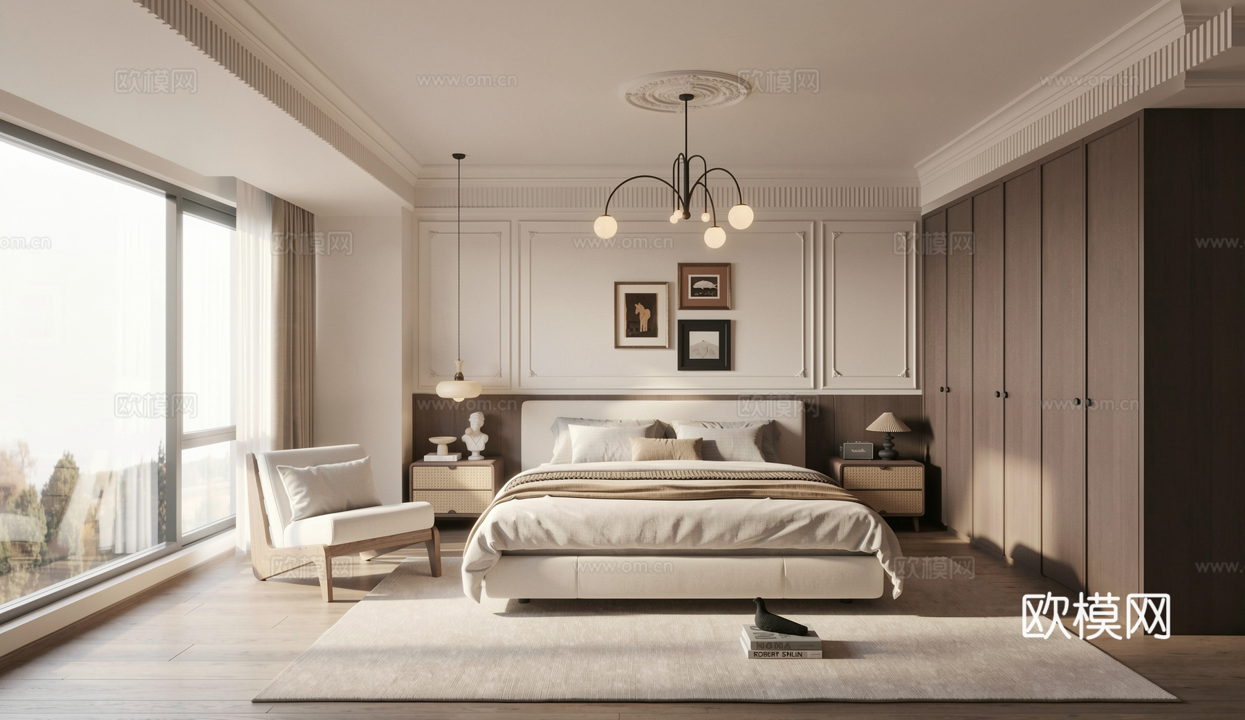 法式中古家居卧室_主卧_布艺双人床_中古风挂画_法式吊灯_中su模型