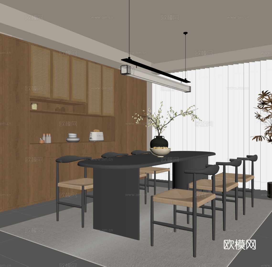 新中式餐厅 酒柜 餐边柜 餐桌椅su模型