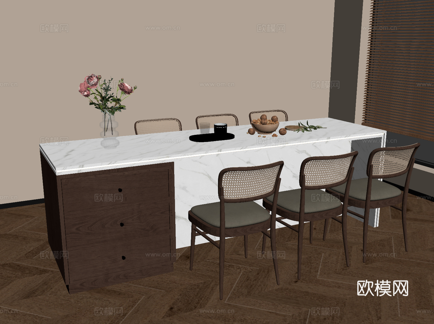 中古风岛台 餐桌椅su模型