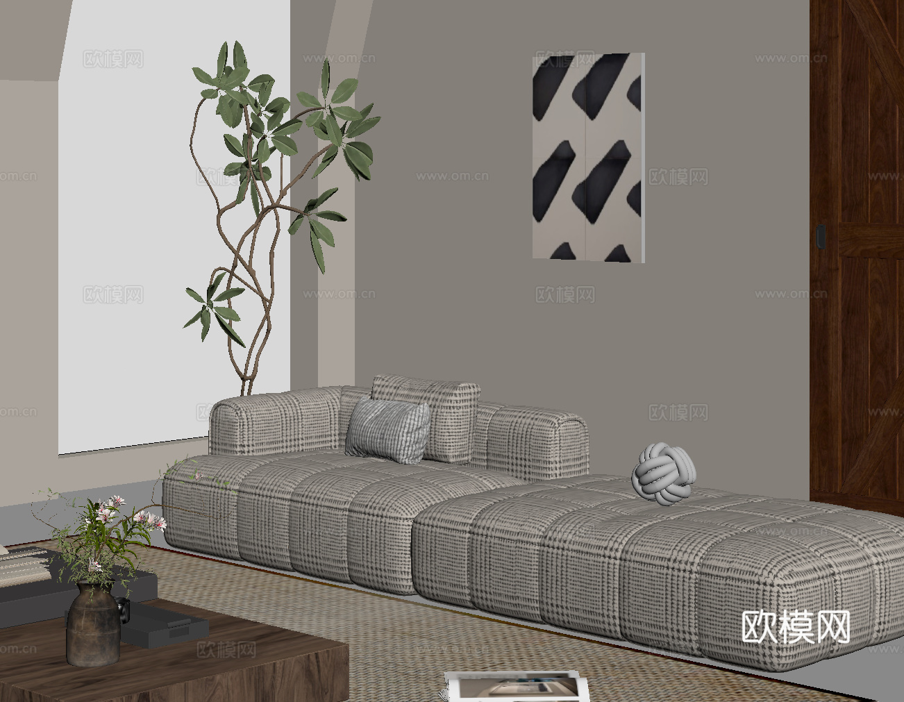 现代中古风多人沙发 布艺休闲沙发su模型