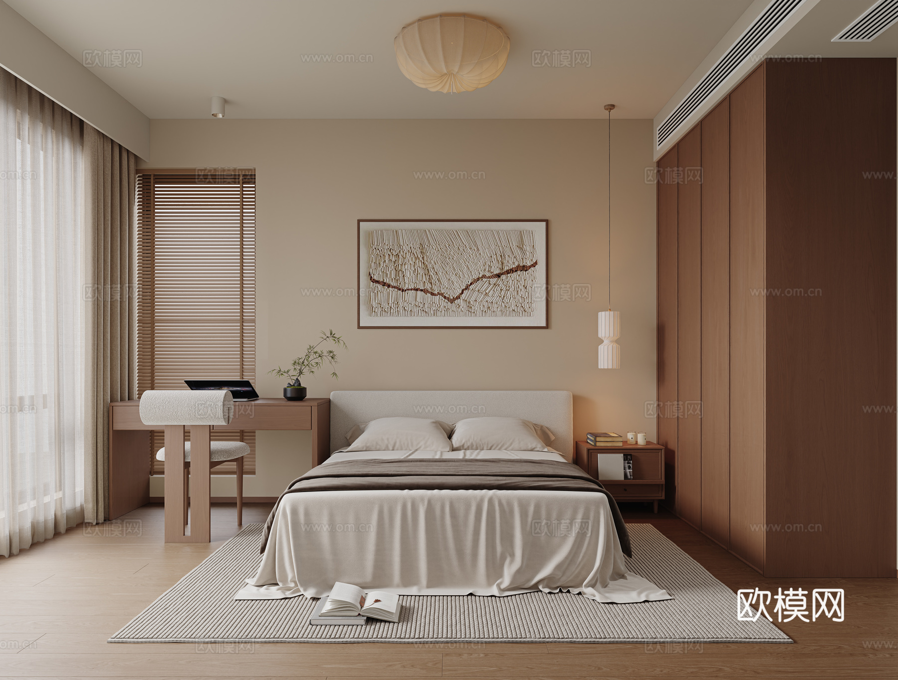 新中式卧室 宋式美学卧室 次卧室 布艺双人床 床头书桌椅su模型