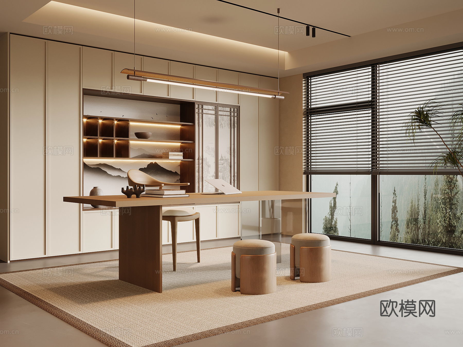 新中式书房 书柜 书桌椅su模型