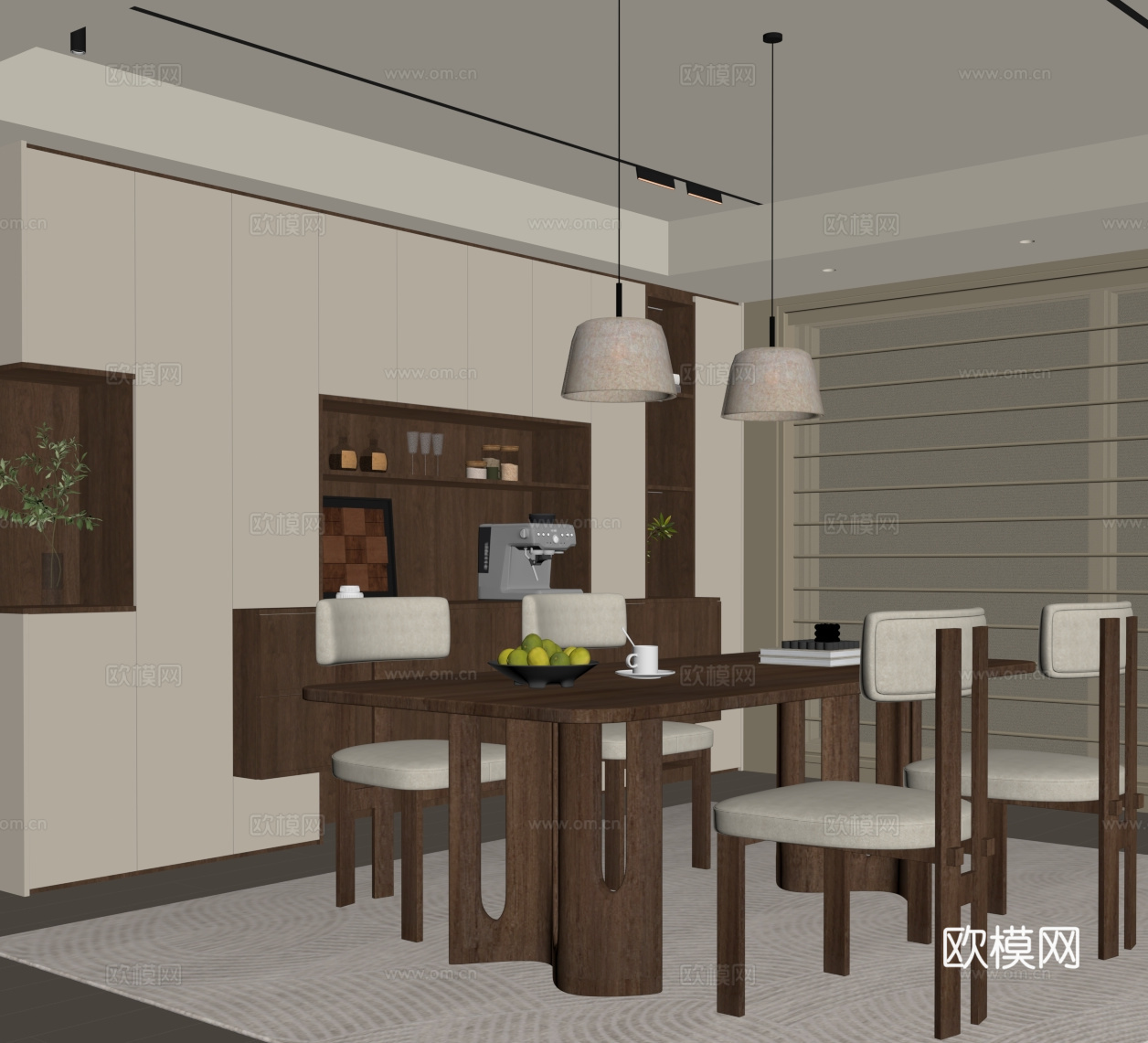 中古风餐厅 酒柜 餐桌椅su模型