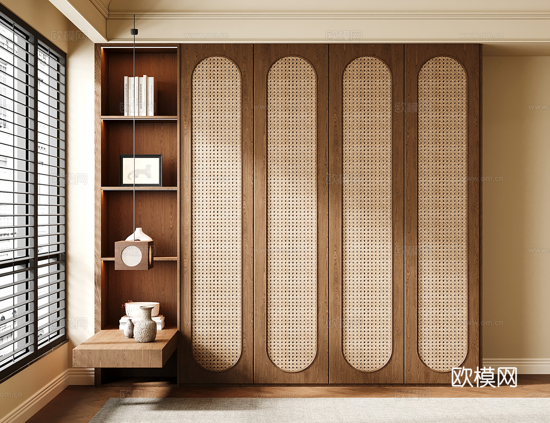 中古风衣柜 藤编门衣柜 衣柜床头柜一体su模型