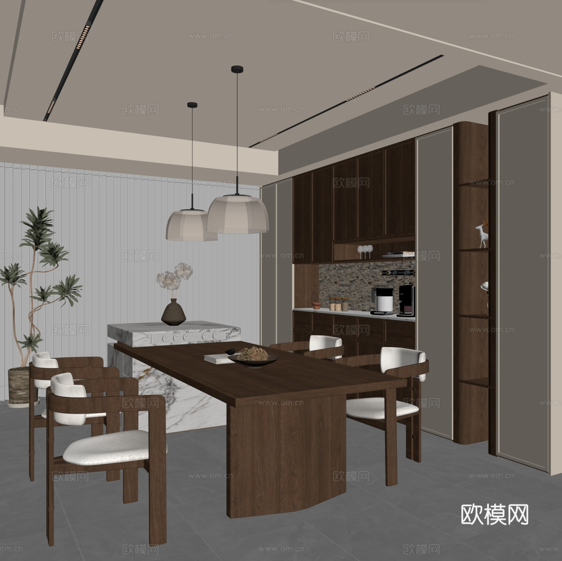 中古风餐厅 餐桌椅 酒柜 餐边柜su模型