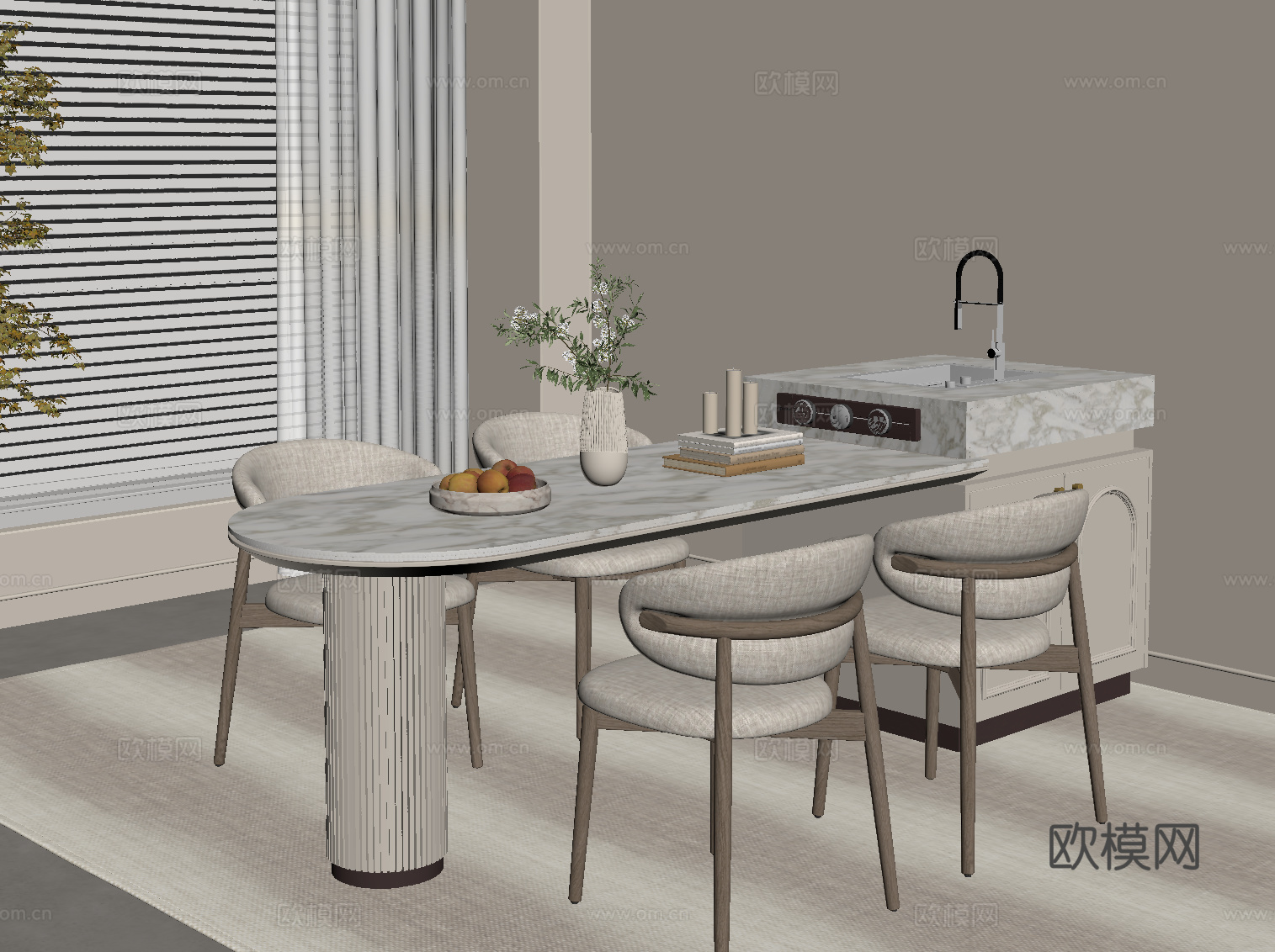 法式奶油风岛台 餐桌椅su模型