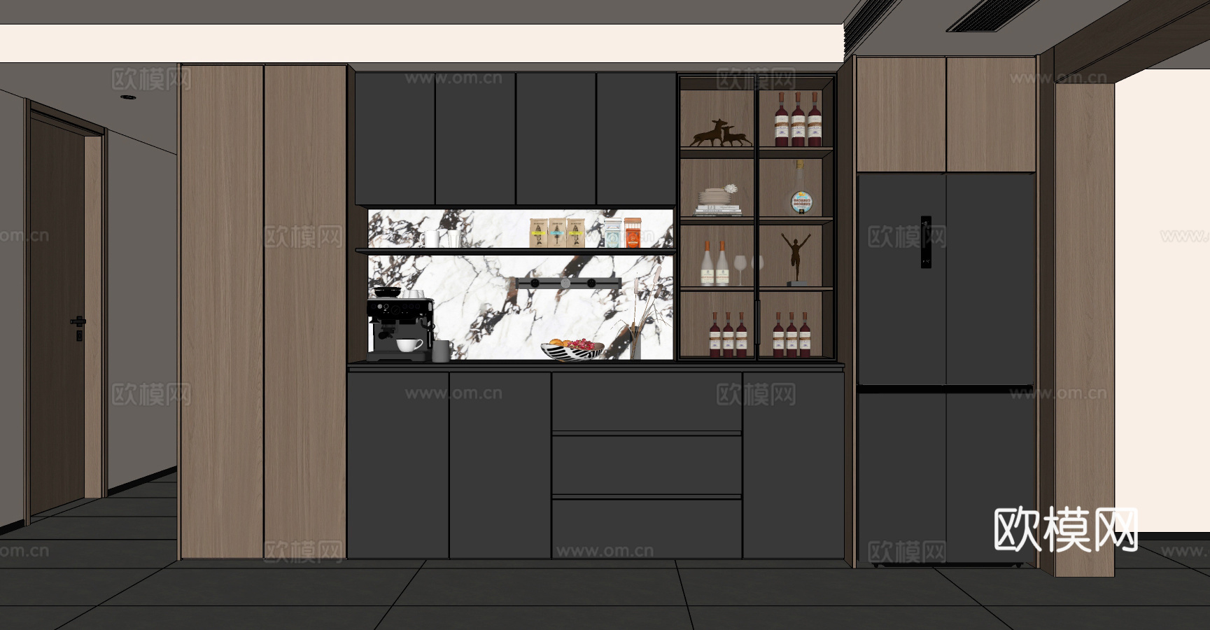 现代意式餐边柜 冰箱餐边柜 酒柜 餐厅餐边柜 冰箱柜 备餐柜su模型