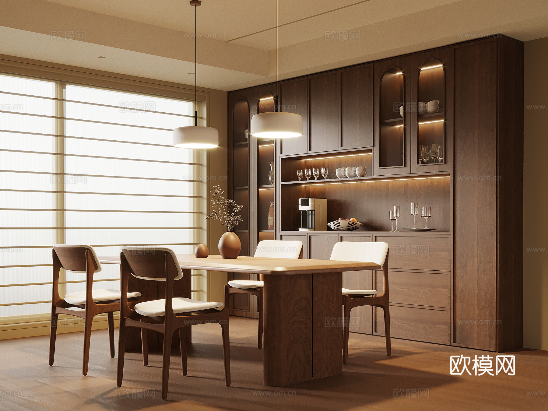 中古风餐厅 酒柜 餐边柜 餐桌椅su模型