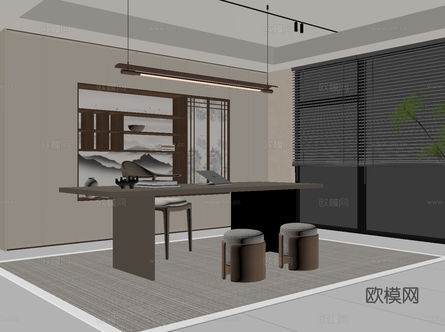 新中式书房 书柜 书桌椅su模型