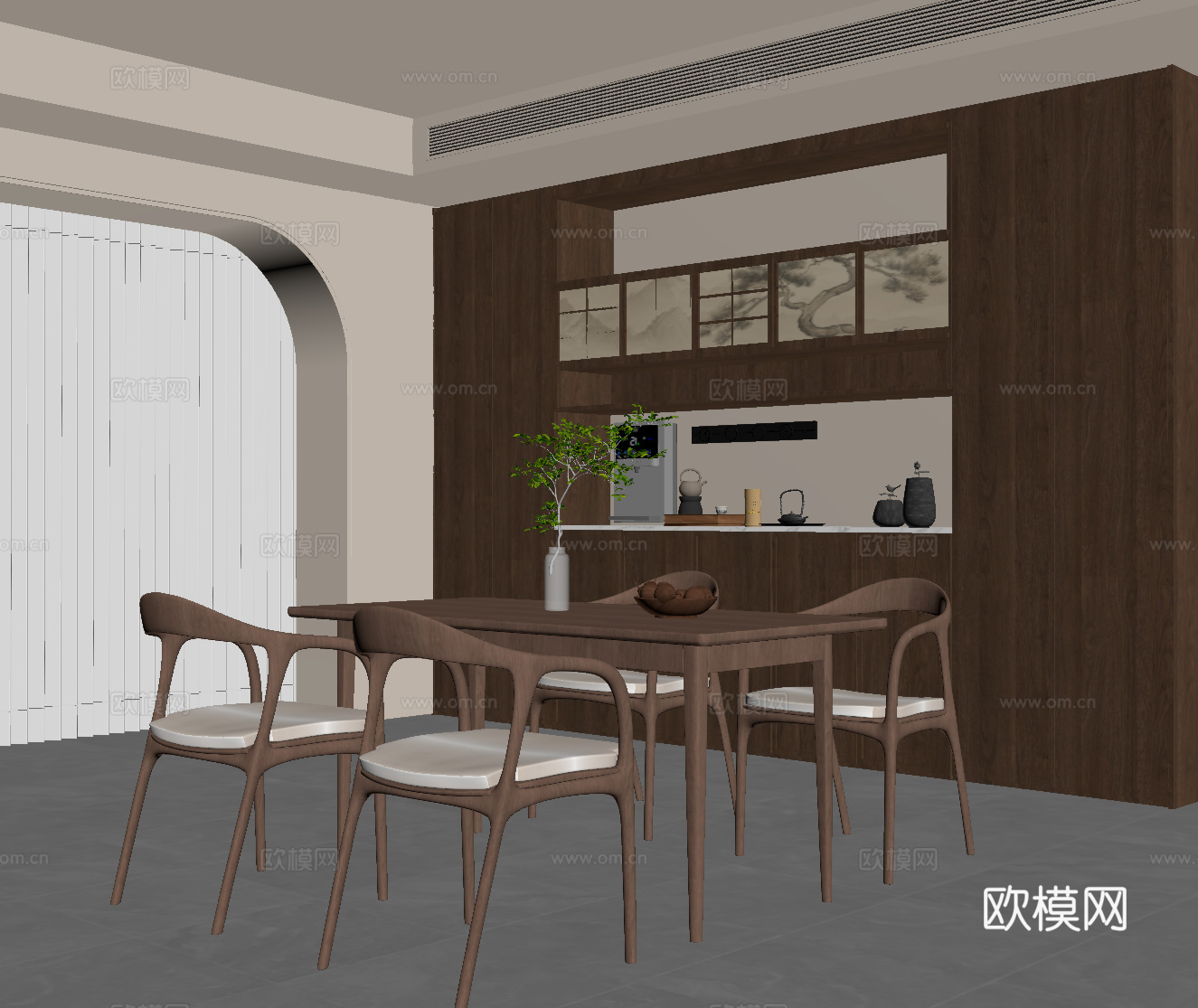 中古风餐厅 餐桌椅 酒柜su模型