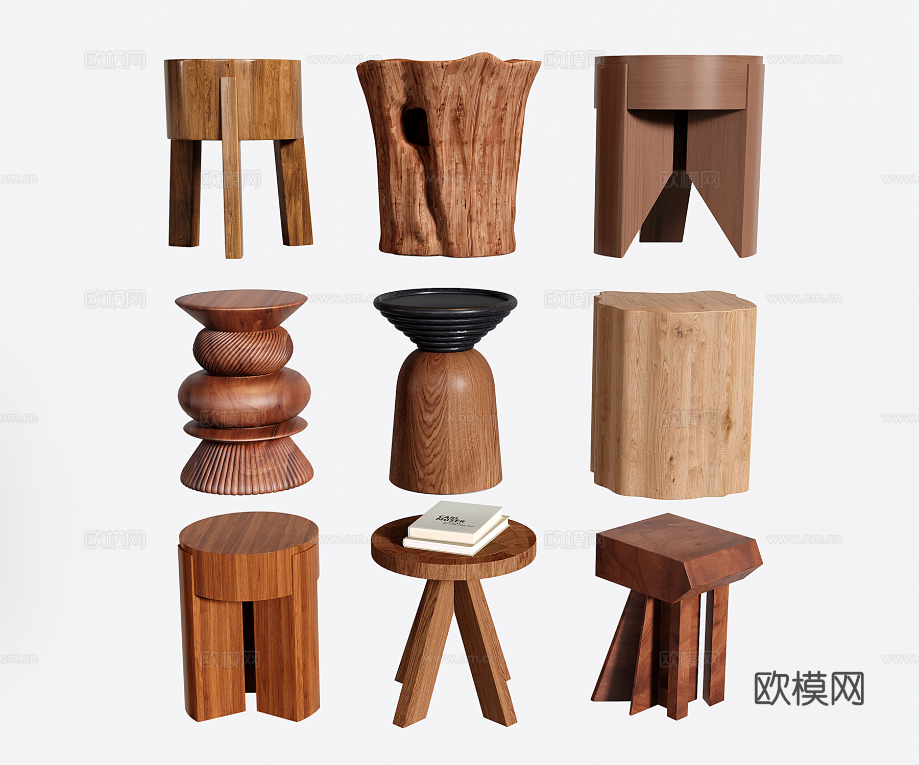 中古边几角几 侘寂小茶几 实木凳子 木墩 木头凳su模型