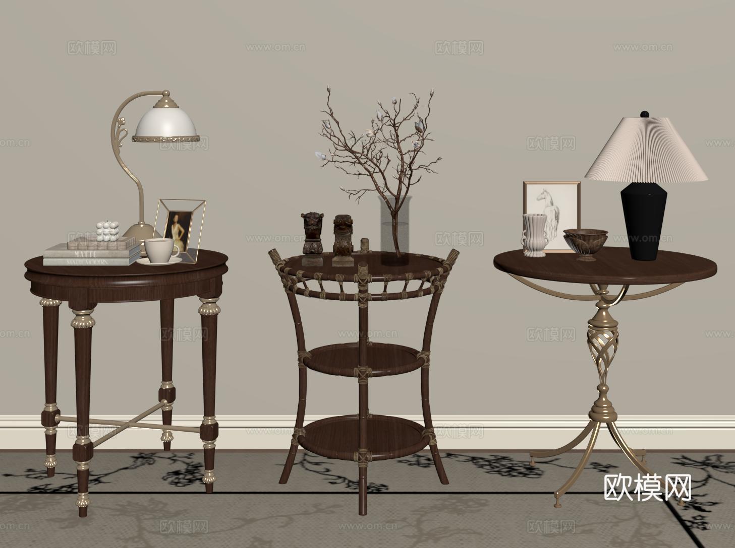 复古实木边几 小圆几 金属角几 法式小茶几 沙发边几su模型