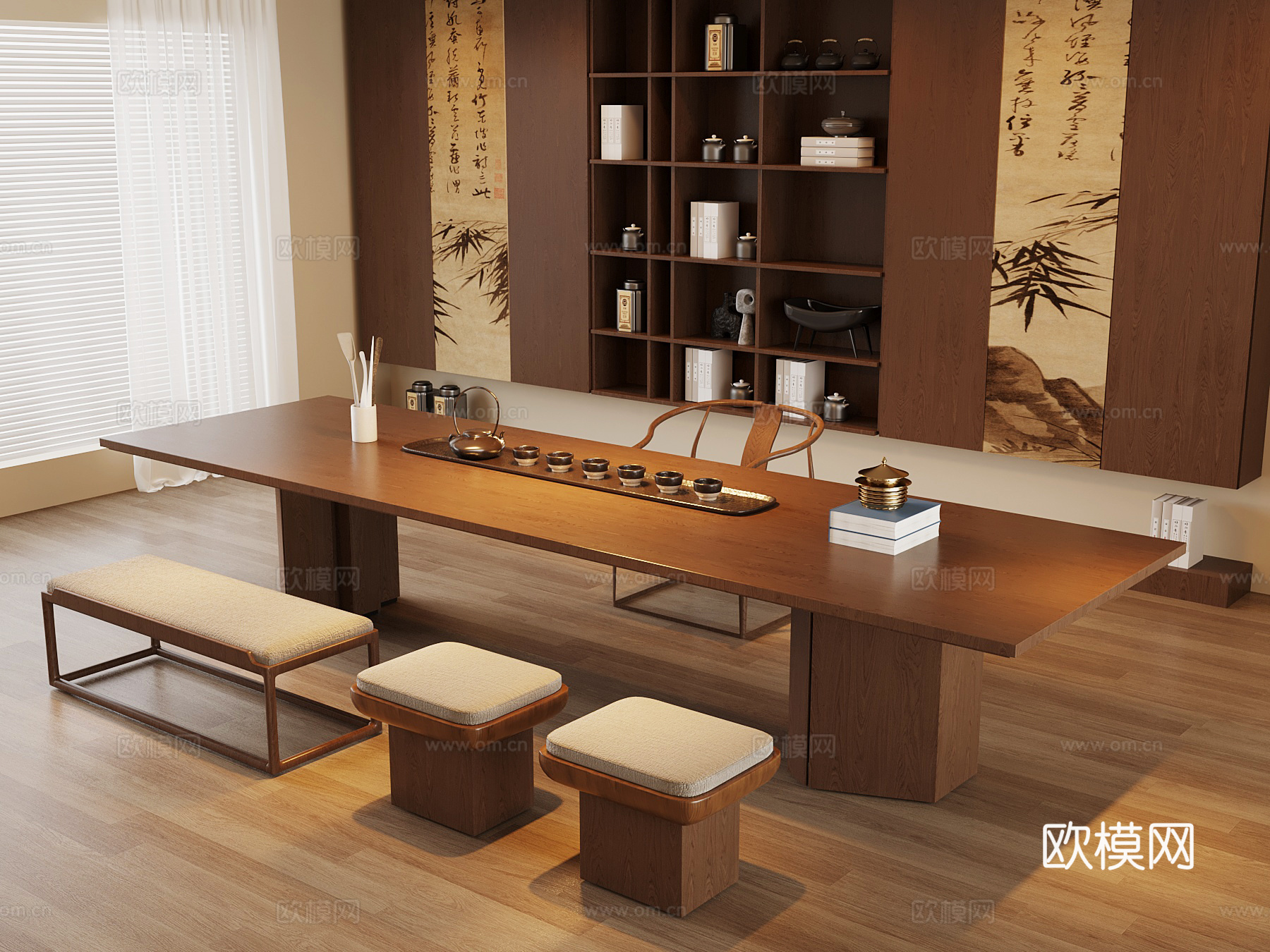 新中式茶室 茶桌椅 茶柜su模型