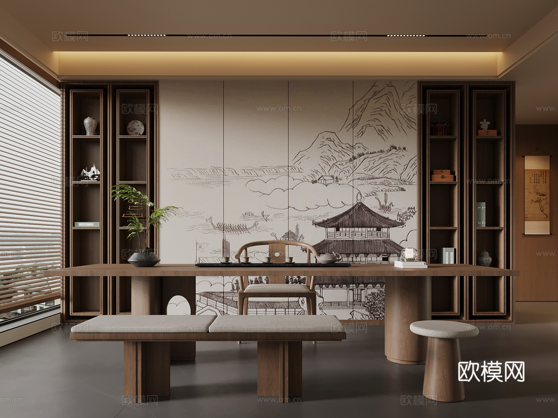 新中式茶室 茶桌椅 背景墙su模型