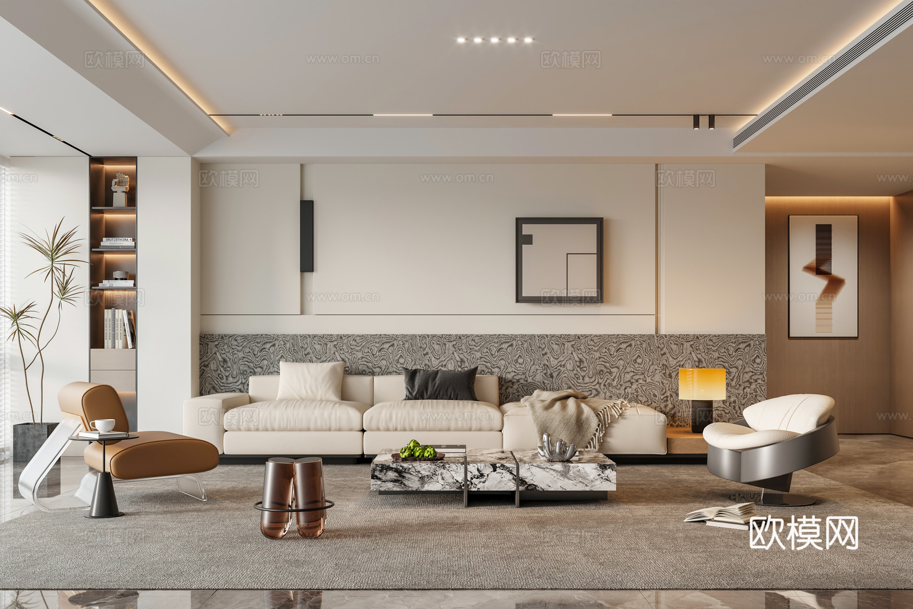 现代意式客厅 沙发茶几组合 无主灯客厅 休闲椅su模型