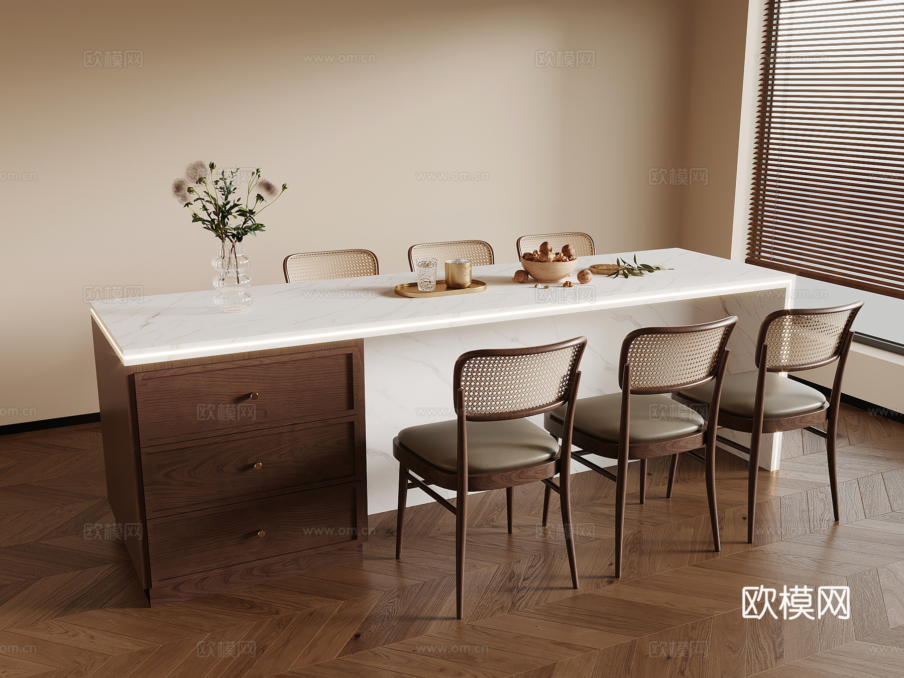 中古风岛台 餐桌椅su模型