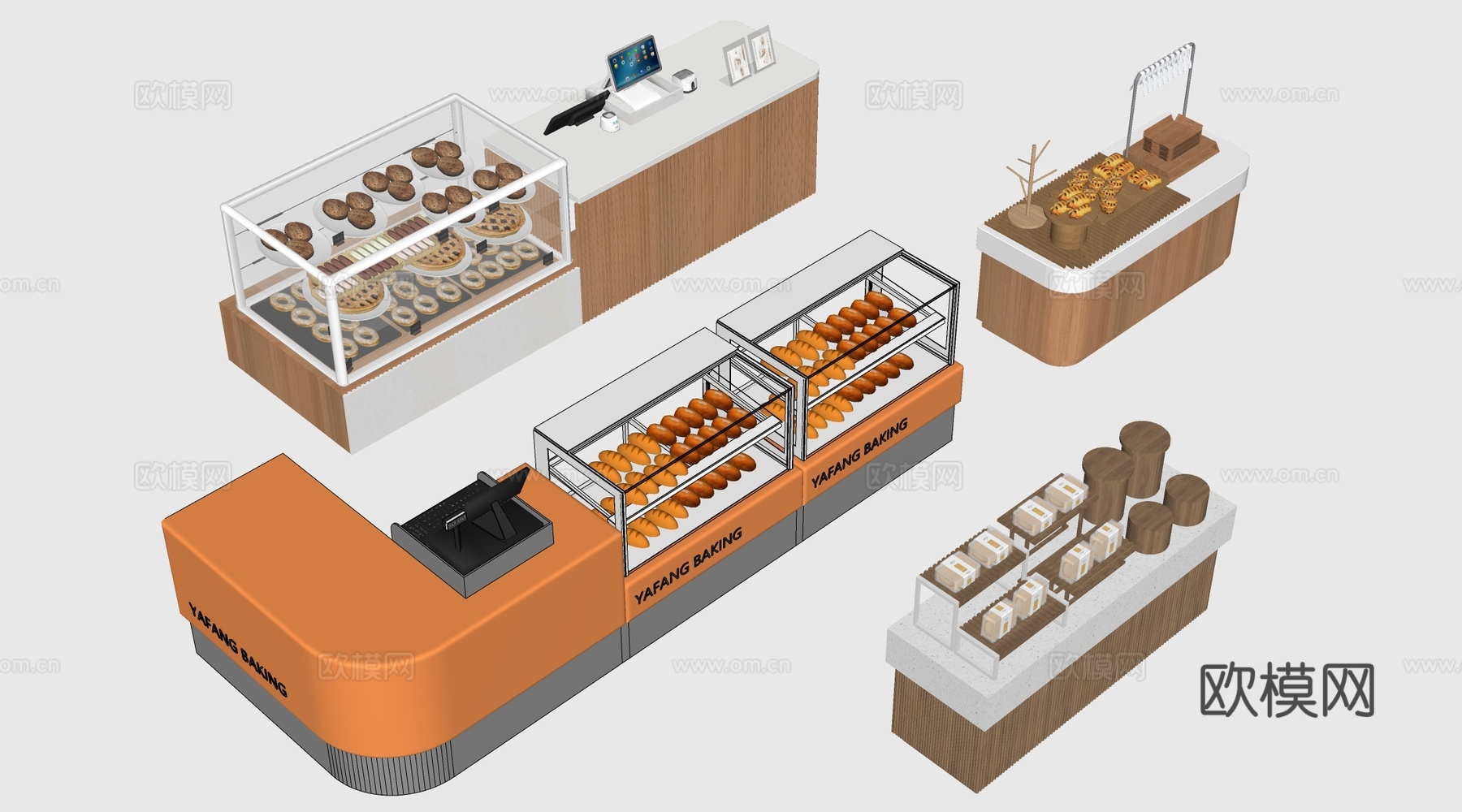 现代咖啡吧台 甜品店货架 收银台 服务台su模型