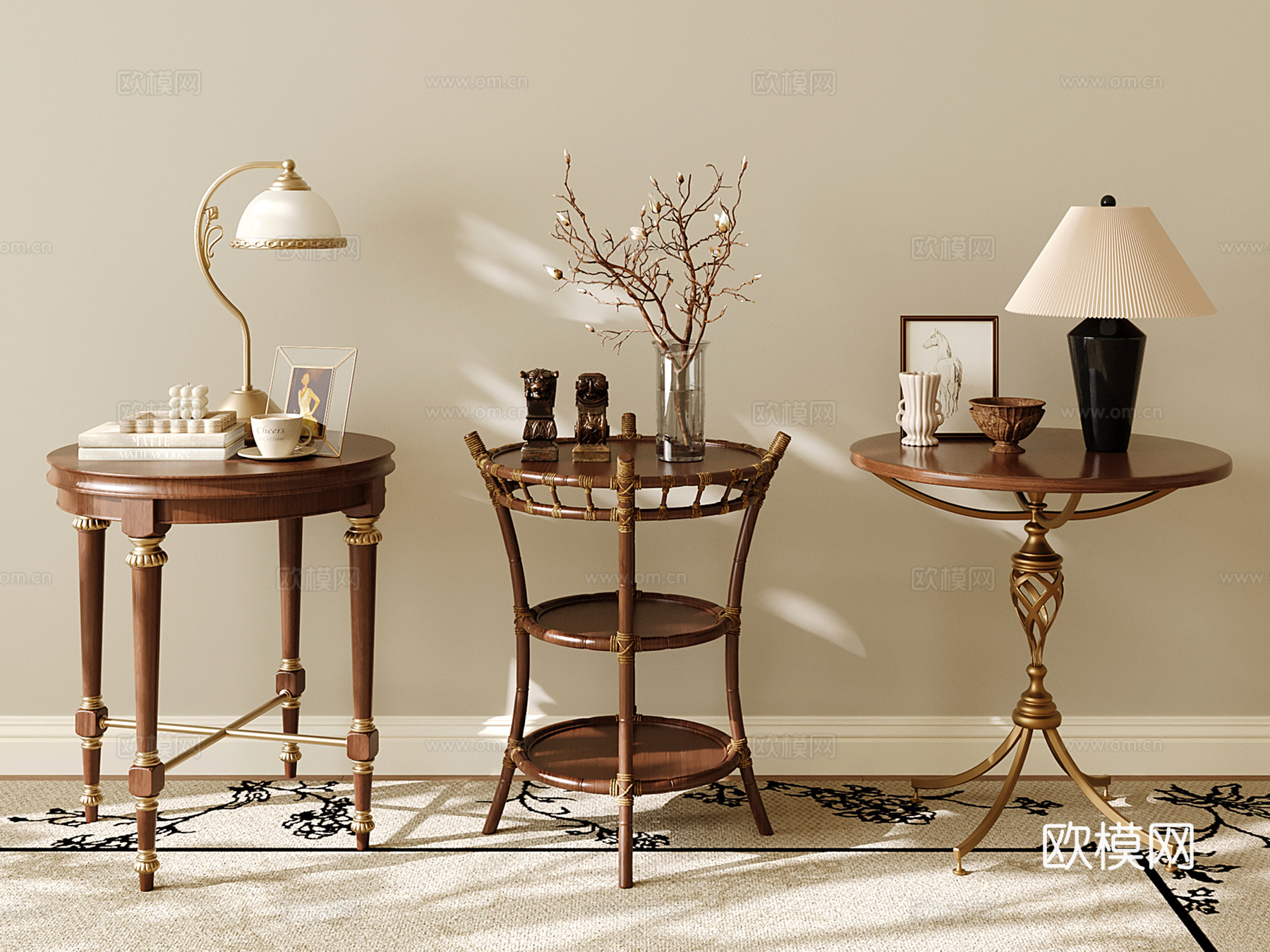 复古实木边几 小圆几 金属角几 法式小茶几 沙发边几su模型