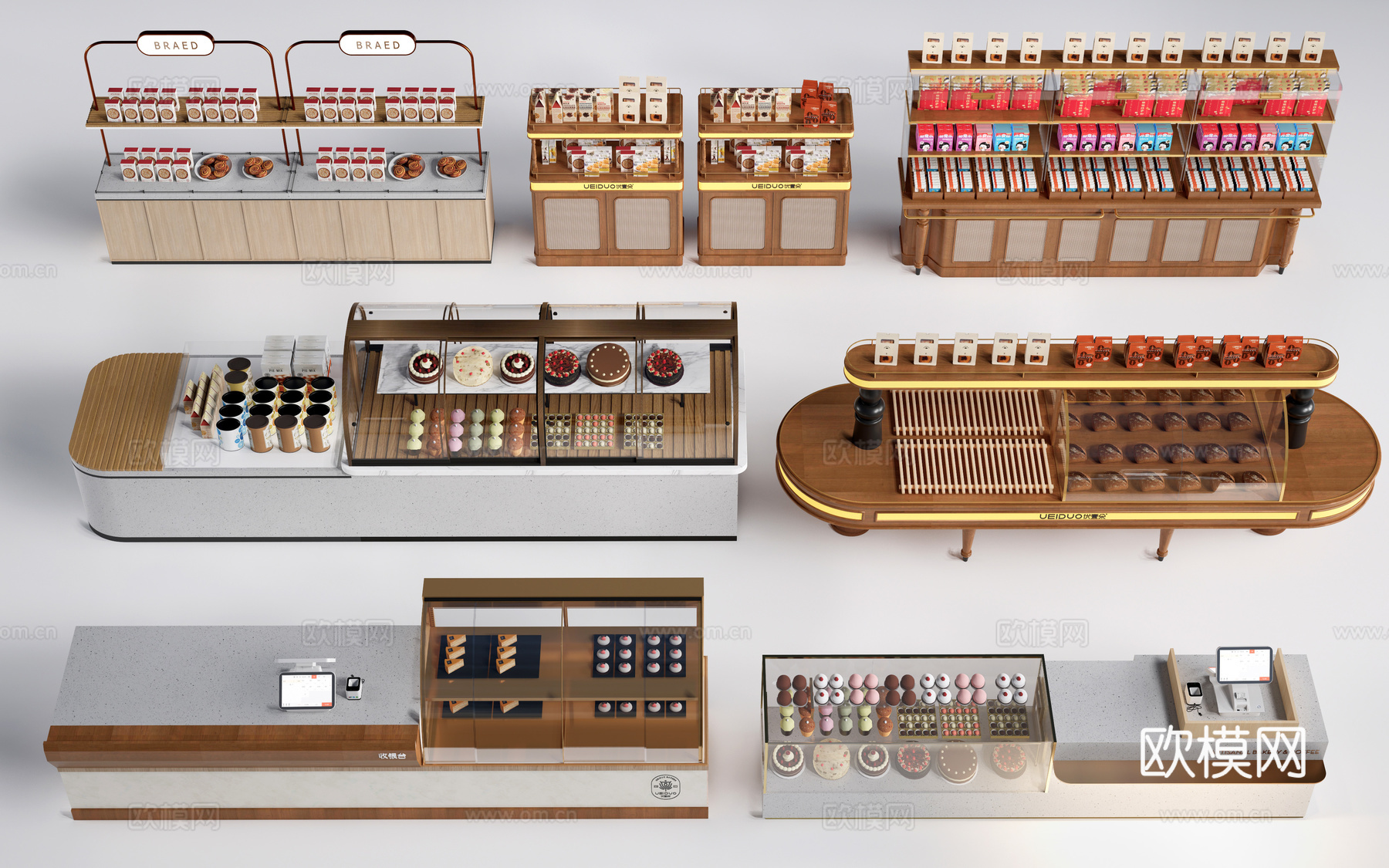 现代咖啡吧台 甜品店货架 收银台 服务台su模型