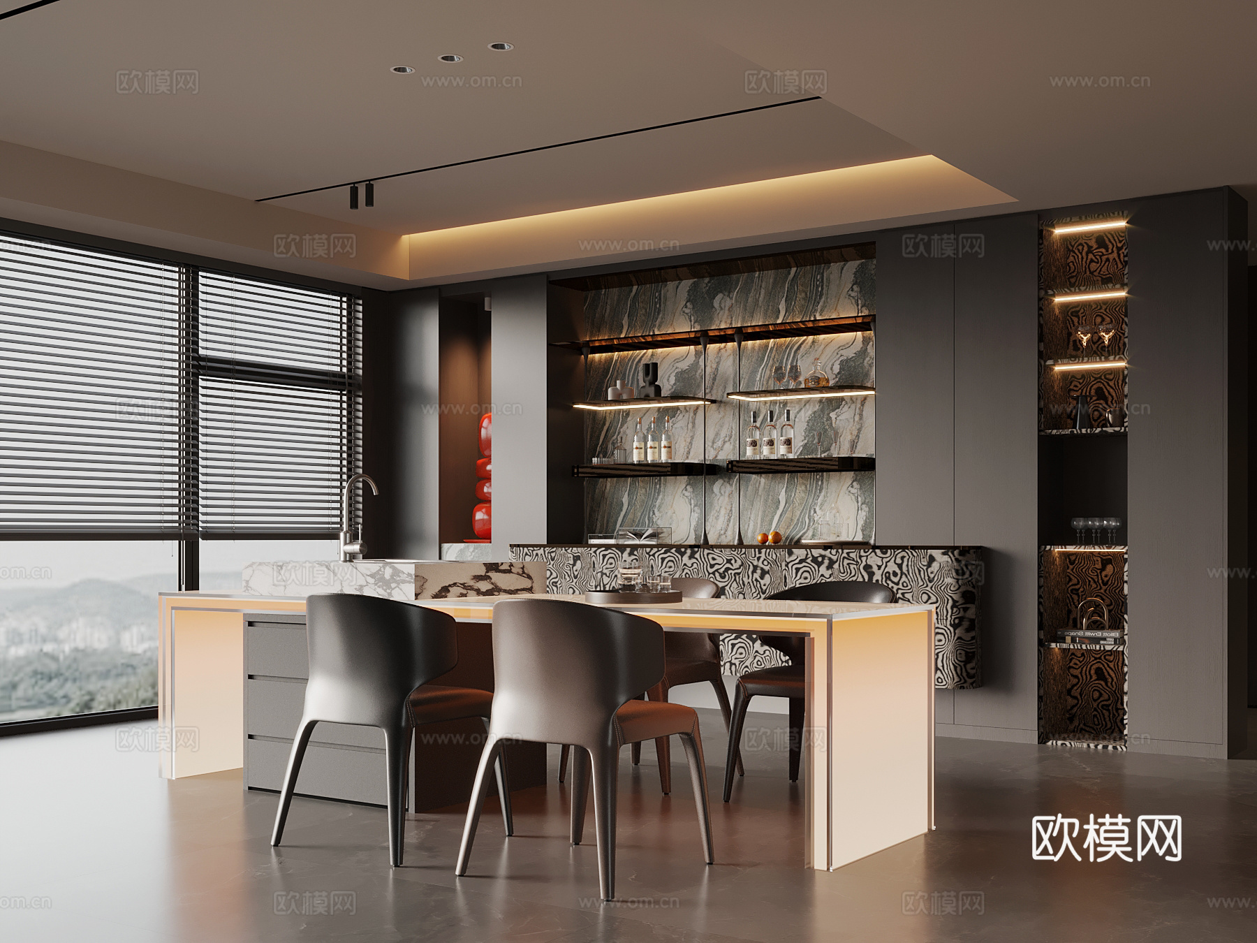 现代意式餐厅 酒柜 餐边柜 餐桌椅3d模型下载