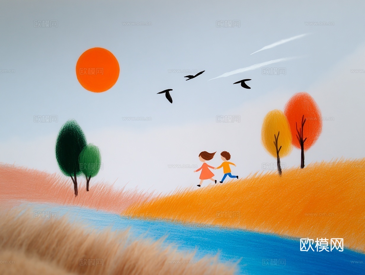 儿童房挂画手工蜡笔画手工铅笔画彩色铅笔画